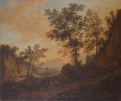 Peasants on a track before an extensive landscape at sunset
