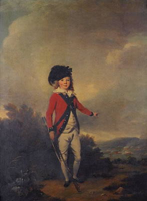 Portrait of John Windham Dalling as a young boy, full-length, dressed in the uniform of a militiaman, holding a rifle, standing in a landscape and pointing to a military exercise between redcoats in the distance