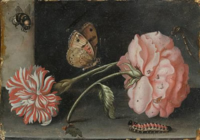 A pink rose and a red and white carnation on a stone ledge with a bee, a butterfly, a dragonfly and a caterpillar by Abraham Bosschaert - Auction record, sale price, and art valuation. Compare with similar artists and explore comparable artworks.