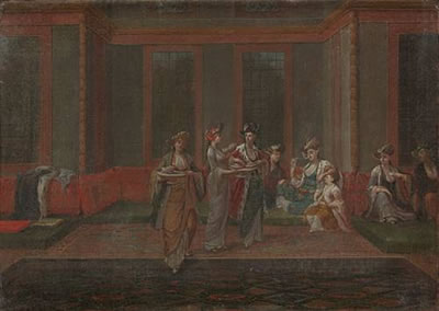 A Turkish interior with a maid serving coffee in zarfs, while the hostess offers fruit to her guests; and A Turkish interior with servants offering coffee and fruit to a sultan surrounded by dignitaries, a view of Constantinople seen through the window be