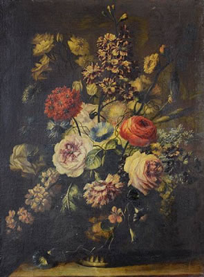 Roses, jasmine, convolvulus and other flowers in a stone urn on a table top; and A lily, carnations, roses and other flowers in a stone urn on a table top (a pair)