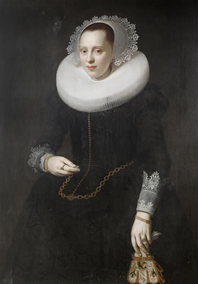 Portrait of a lady, standing, three-quarter-length, in a black dress and white collar, holding a glove