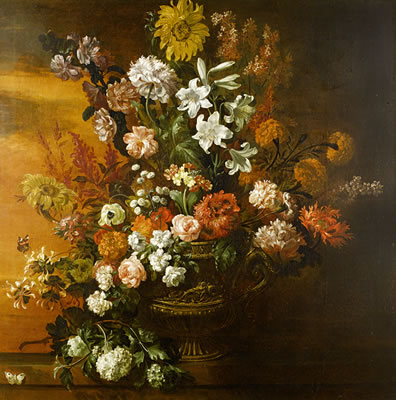 A still life of lilies, roses, sunflowers, poppies and other flowers in a gilt bronze vase on a stone ledge with a Red Admiral and a Cabbage White butterfly