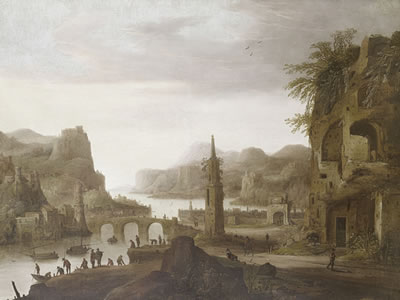 Travellers beneath a ruined building and fishermen on a shore before an extensive coastal landscape, a village and a harbour in the distance