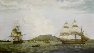 The three-masted English merchantman Integrity in two positions in the Saint Lawrence River arriving at Montreal