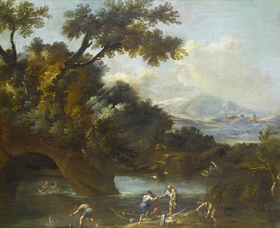 A wooded landscape with a fisherman drawing in his catch, other figures loading a rowing boat and other vessels on a river with mountains beyond by Bartolomeo Pedon - Auction record, sale price, and art valuation. Compare with similar artists and explore comparable artworks.