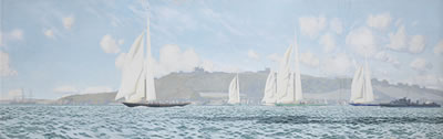 Big class yachts, with the King's cutter Britannia in the lead, heading down the Channel past Dover