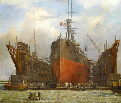 Dreadnought Class Battleship in a floating dry dock, Portsmouth