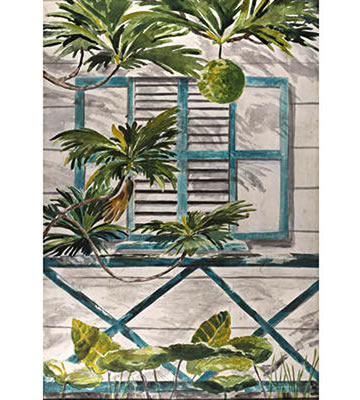 Caribbean scene of window shutter and bread fruit