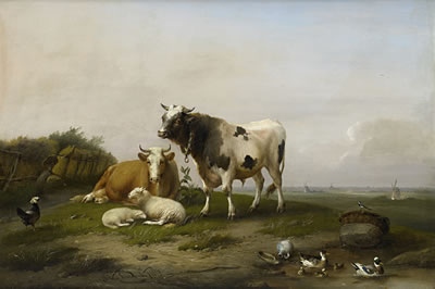 Cattle, sheep and poultry in a landscape