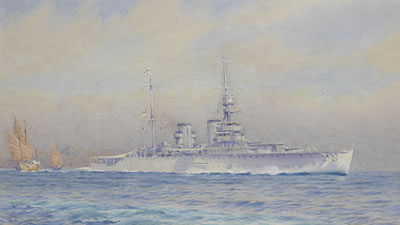 The cruiser H.M.S. Hawkins patrolling off the coast of China with junks off her stern
