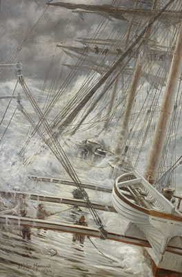 Caught in a Cyclone: the Buckingham, with decks awash and sails reefed, battling through a tremendous sea