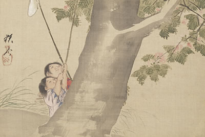 A fold-out album mounted with eight miscellaneous paintings, the first four of scenes associated with the four seasons, the other four depicting the journey to Hell, possibly based on Kyosai's earlier work Jigoku gokuraku meguri zu (A Journey around Hell