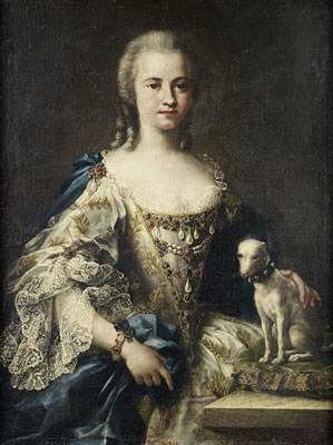 Portrait of a lady, half-length, in an white embroidered dress and a blue sash, standing beside her dog