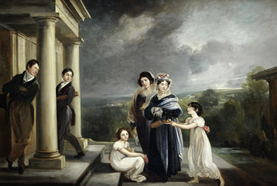 Portrait of the Deare family on the steps of their house