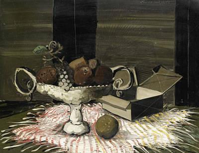Still life with fruit bowl and empty box