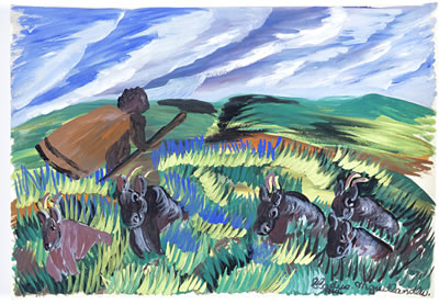 "Fields, woman and cows"