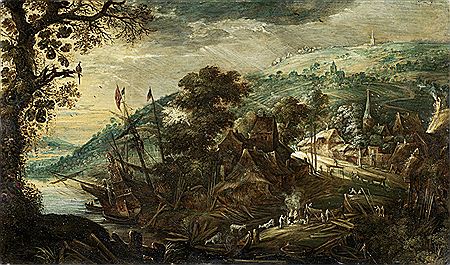 Figures around a fire, before an extensive river landscape, with a ship moored in the distance