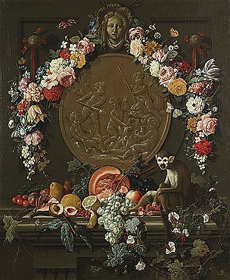 A squirrel on a stone ledge with a still life of fruit, before a medallion garlanded with flowers; and A monkey seated on a stone ledge with a still life of fruit, before a medallion garlanded with flowers by Johann Amandus Winck - Auction record, sale price, and art valuation. Compare with similar artists and explore comparable artworks.