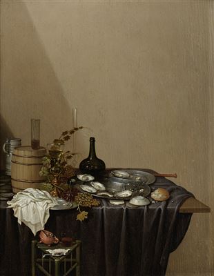 A pewter dish of oysters with grapes, a roemer and bread on a draped table-top by Gerrit van Vucht - Auction record, sale price, and art valuation. Compare with similar artists and explore comparable artworks.