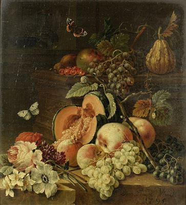 A melon, peaches and grapes on a stone ledge with snails; and A split melon, peaches, grapes and various flowers on a stone ledge