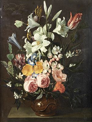 Roses, lilies, tulips and other flowers in an earthenware vase on a table-top by Hieronymus Galle - Auction record, sale price, and art valuation. Compare with similar artists and explore comparable artworks.