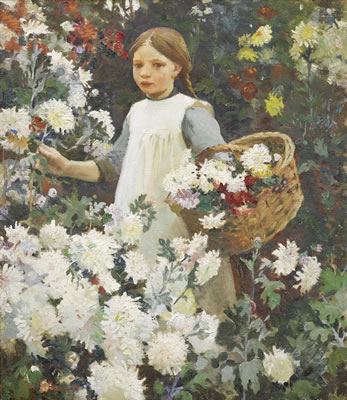 Picking chrysanthemums by Harold Harvey - Auction record, sale price, and art valuation. Compare with similar artists and explore comparable artworks.