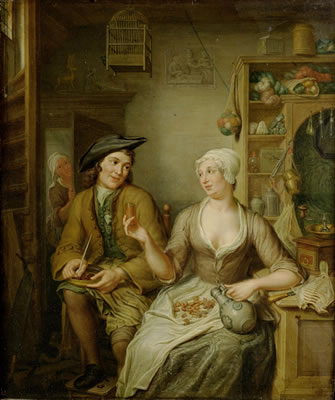 A man and woman smoking, drinking and cracking nuts in an interior