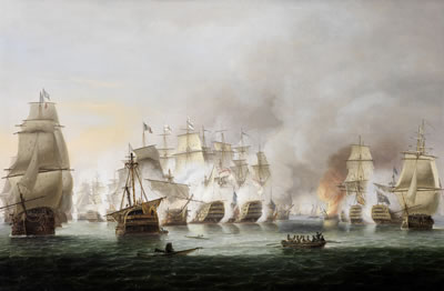 The battle of Trafalgar, 21st October 1805 ? Nelson's flagship Victory and Téméraire in close action with the French Rédoubtable as the battle rages around them