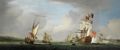 The Royal Yacht Peregrine and her escorts off Gillingham, Kent, acknowledging a salute as she passes Upnor Castle