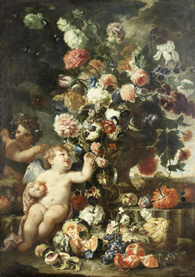 Roses, carnations, tulips and other flowers in a carved stone vase with putti on a stone ledge with split melons, grapes, peaches and other fruit by Franz Werner von Tamm - Auction record, sale price, and art valuation. Compare with similar artists and explore comparable artworks.