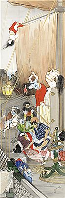 Kakejiku, a vertical hanging scroll, ink and colours on silk, depicting a dramatic scene of bondage and tattooing aboard a pirate ship with ferocious pirates and several naked and semi-naked women, some already tattooed, lying on the deck or suspended fro