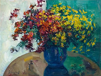 A still life with red and yellow flowers in a blue vase