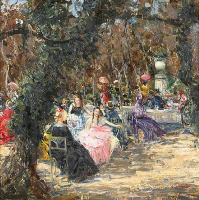 Elegant figures seated at tables in a garden