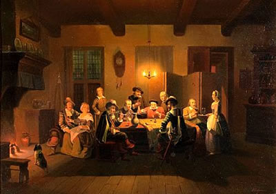 Figures playing dice in a tavern interior at night