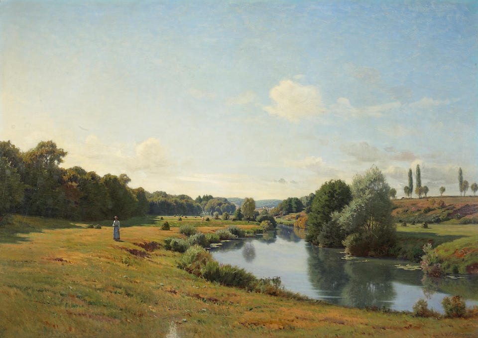 A river landscape with a lady on a path
