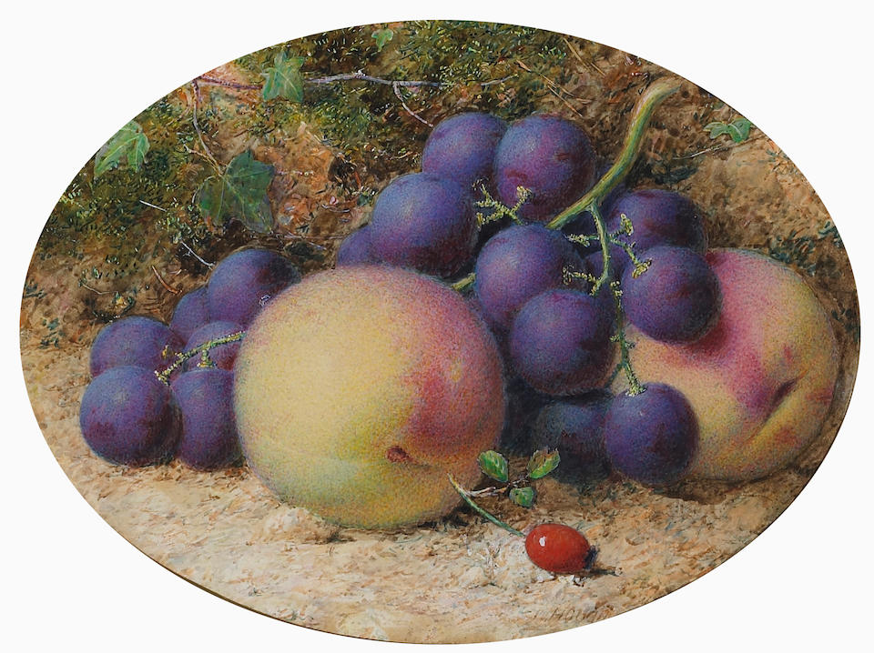 A still life with peaches, grapes and a rosehip on a mossy bank; also a companion still life (a pair)