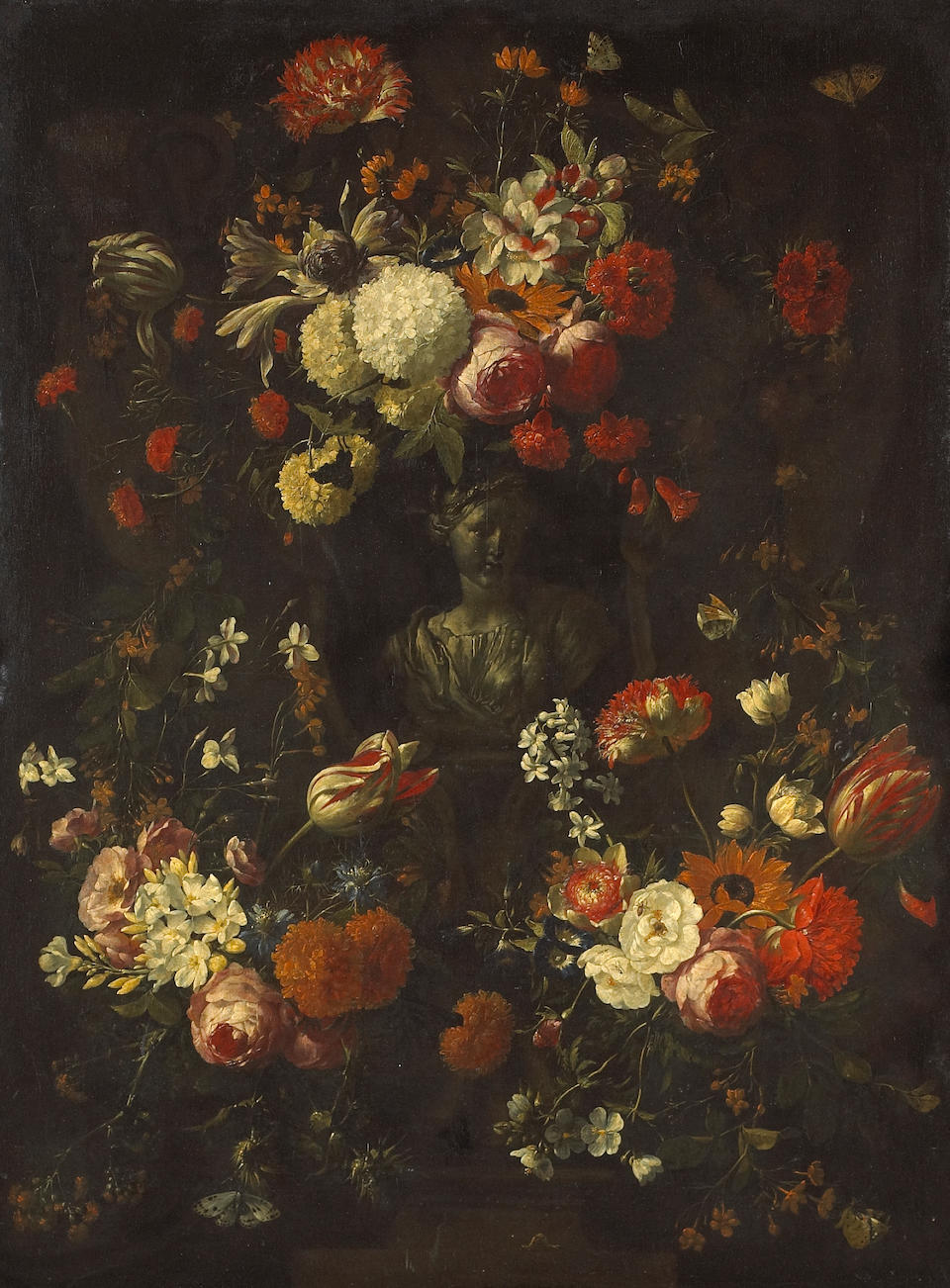 A garland of flowers surrounding a classical bust