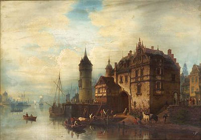 A town on a river with figures gathered on the bank and shipping beyond