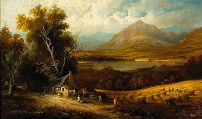 A cottage by a country road with figures harvesting and a lake and mountains beyond; also a companion landscape (a pair)