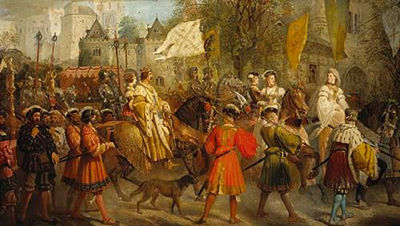 A royal procession with numerous attendant dignitaries