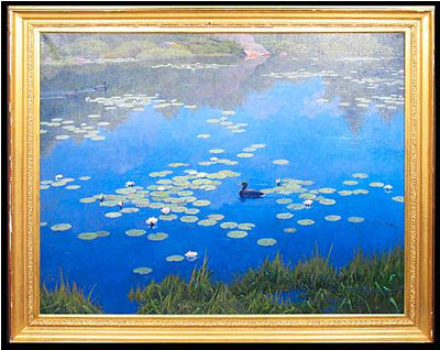 A Lake Scene with Ducks and Water Lilies
