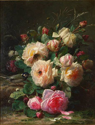 A still life with roses, a titmouse and a bumblebee