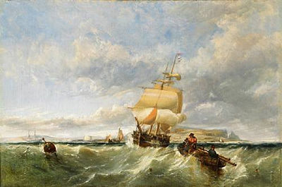 A coastal scene with shipping and figures in a dinghy hauling in nets