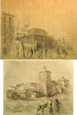 VILLAGE BUILDINGS WITH TWO FIGURES; CITY STREET SCENE WITH FIGURES: (2)