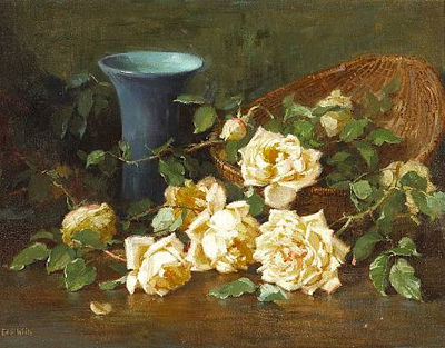 A Basket of Yellow Roses and a Blue Vase