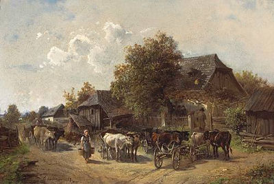Oxen carts in front of a farm