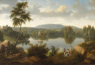 An extensive landscape with figures greeting hunters along the banks of a river by Alexandre Hyacinthe Dunouy - Auction record, sale price, and art valuation. Compare with similar artists and explore comparable artworks.