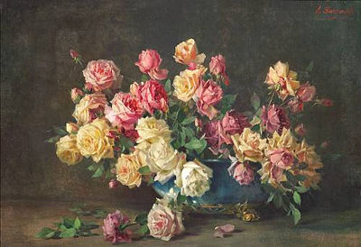 A still life with pink, yellow and white roses in a blue vase