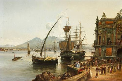 A view of the harbor at Naples with elegant figures in the foreground, Mt. Vesuvius beyond